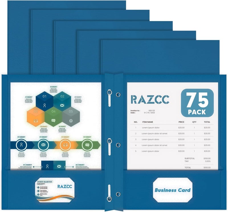 RAZCC Two Pocket Folders, 75 Pack Two Pocket Folders with Prongs, 3 Prong Folders Fit Letter Size Paper, Pocket File Folders for School Office Home Business, Dark Blue - Image 1